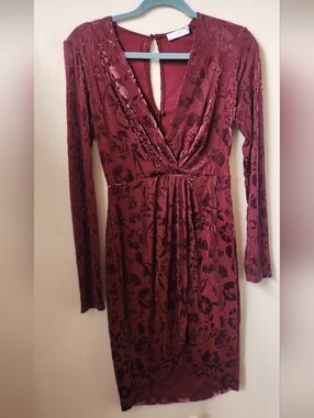 Velvet Floral Burgundy V-Neck Long Sleeve Dress